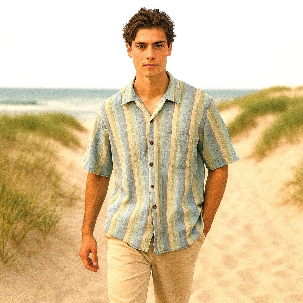 Tommy Bahama Large Silk Striped Button Down Camp Shirt Old Money Coastal Resort - Picture 1 of 7